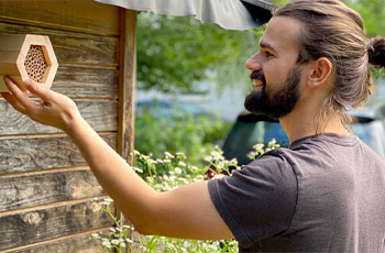 Mitarbeiter hängt Insektenhotel auf 