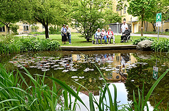 Teich mit Frau Berschneider und BewohnerInnen