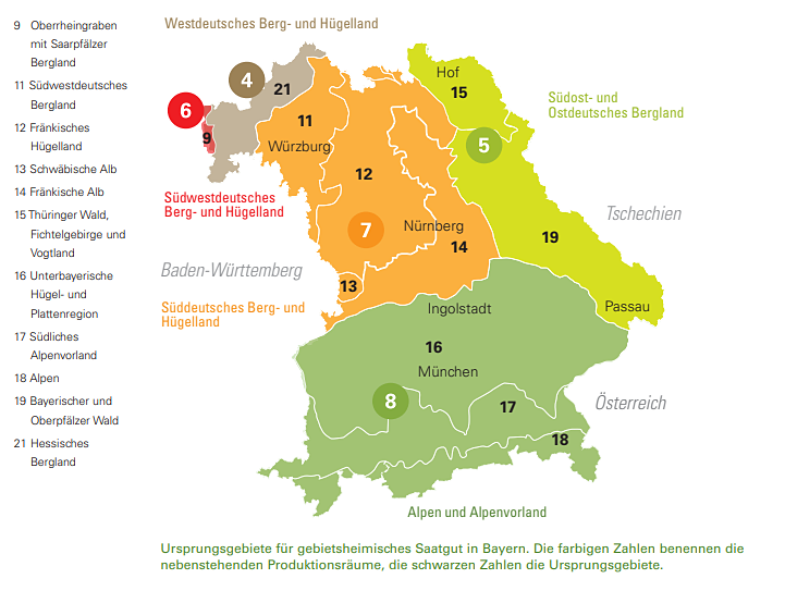 Karte mit den Ursprungsgebieten für gebietsheimisches Saatgut in Bayern