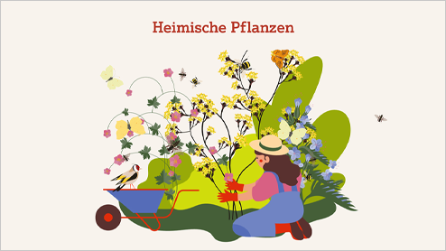 Ilustration einer Frau bei der Gartenarbeit, daneben eine Schubkarre auf der ein Stiglitz sitzt