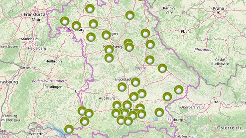 Bayernkarte mit markierten Golfplatz-Standorten